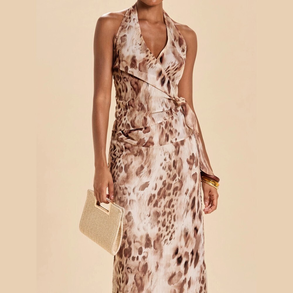 Tan Abstract Leopard Print Halter Wrap Top and Maxi Skirt Set
